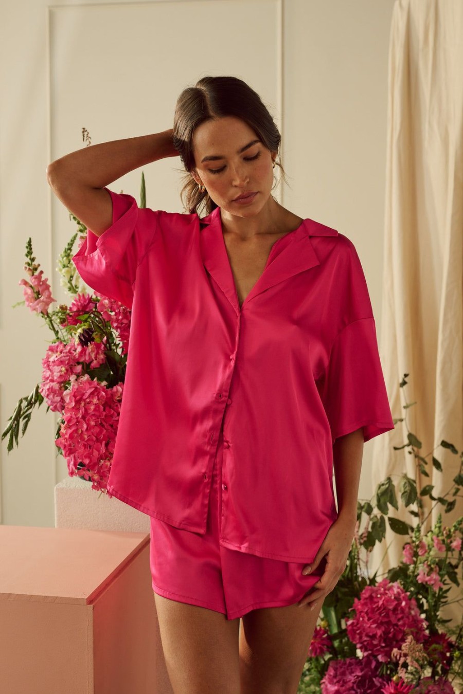 Sleepwear Kat The Label | Celine Short Sleeve Short Set Hot Pink