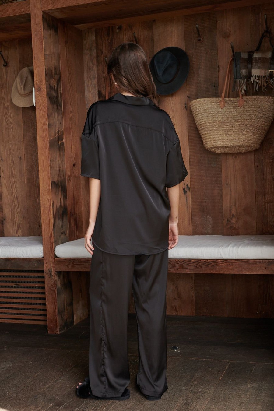 Sleepwear Kat The Label | Celine Short Sleeve Pant Set Black