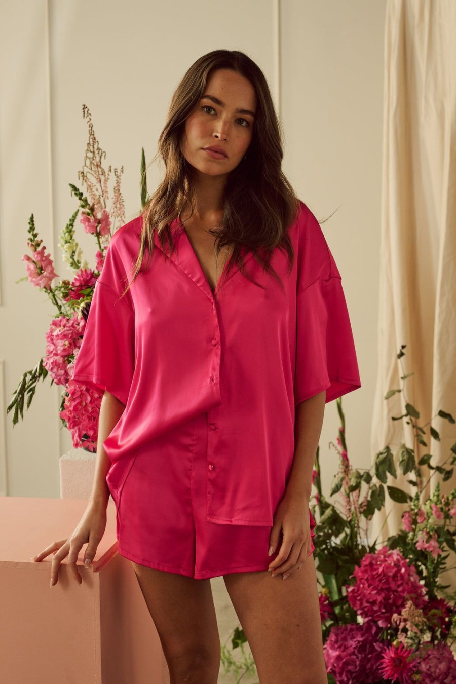 Sleepwear Kat The Label | Celine Short Sleeve Shirt Hot Pink