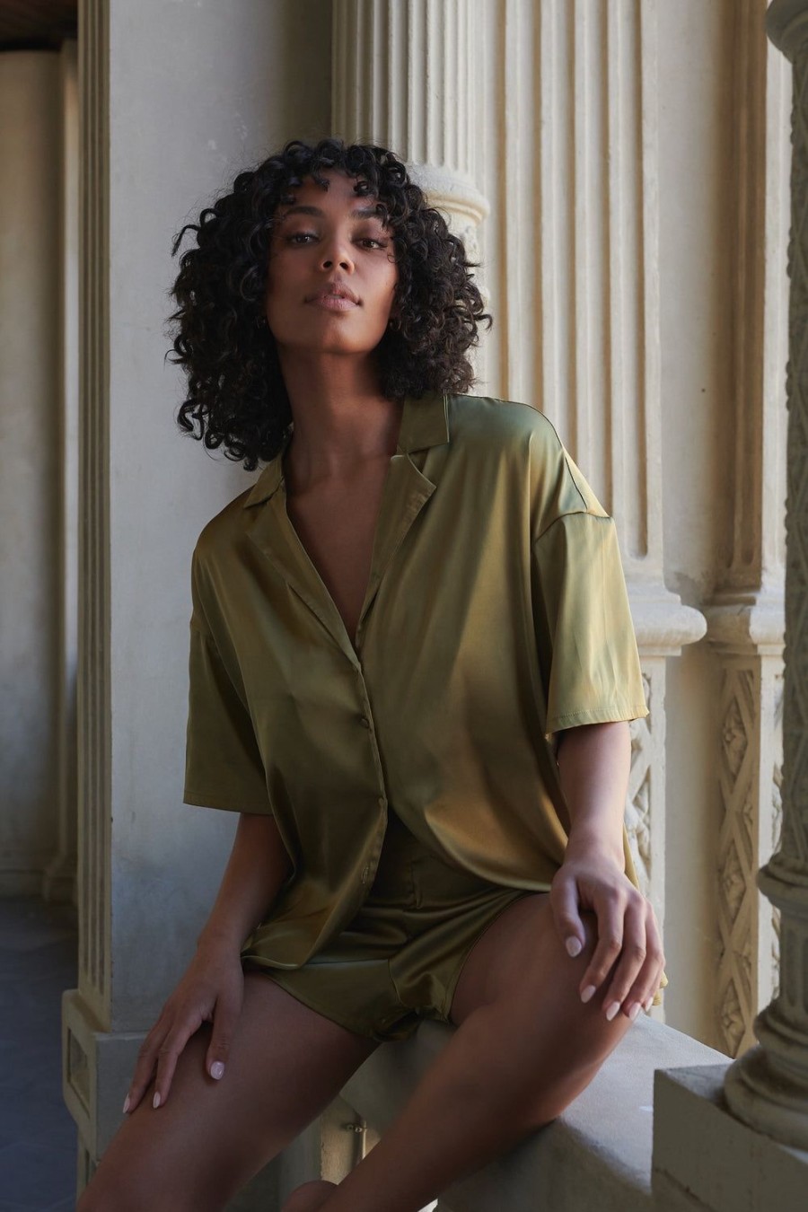 Sleepwear Kat The Label | Celine Short Sleeve Shirt Olive