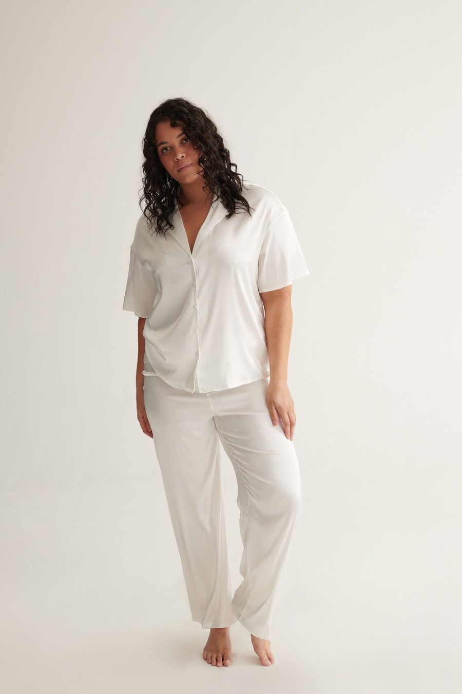 Sleepwear Kat The Label | Celine Short Sleeve Pant Set Ivory