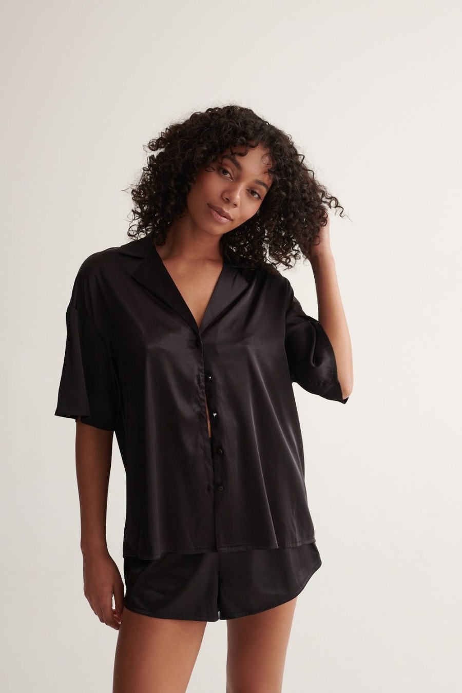 Sleepwear Kat The Label | Celine Short Sleeve Shirt Black