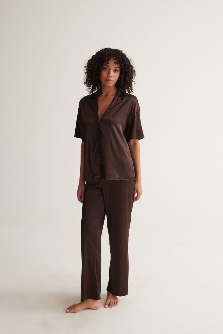 Sleepwear Kat The Label | Celine Short Sleeve Pant Set Espresso